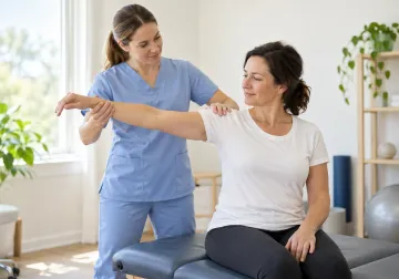 Fisioterapeuta que acompaña el movimiento del hombro